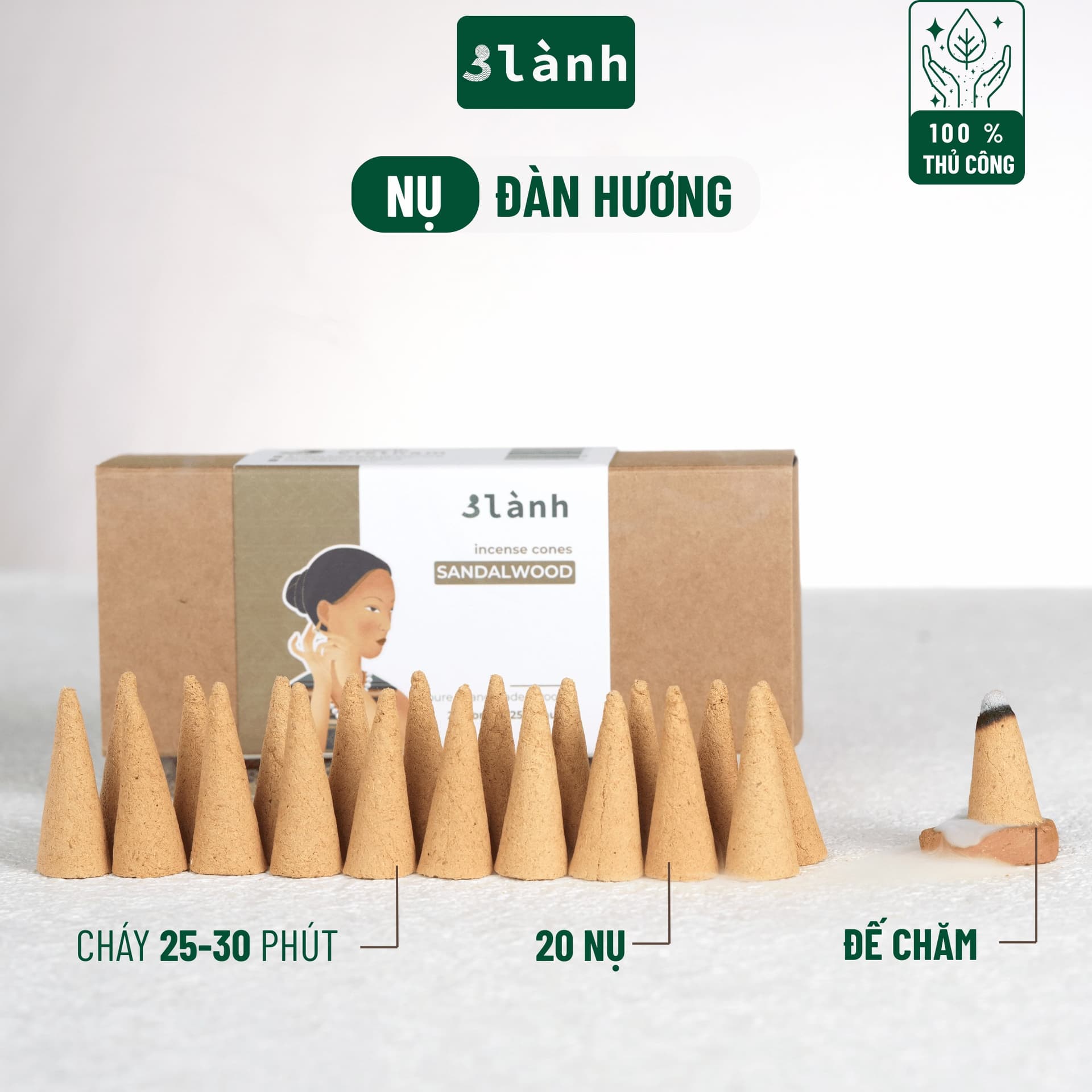 3 Lành Natural Sandalwood Incense Cones 20 Pieces Artisan Handmade